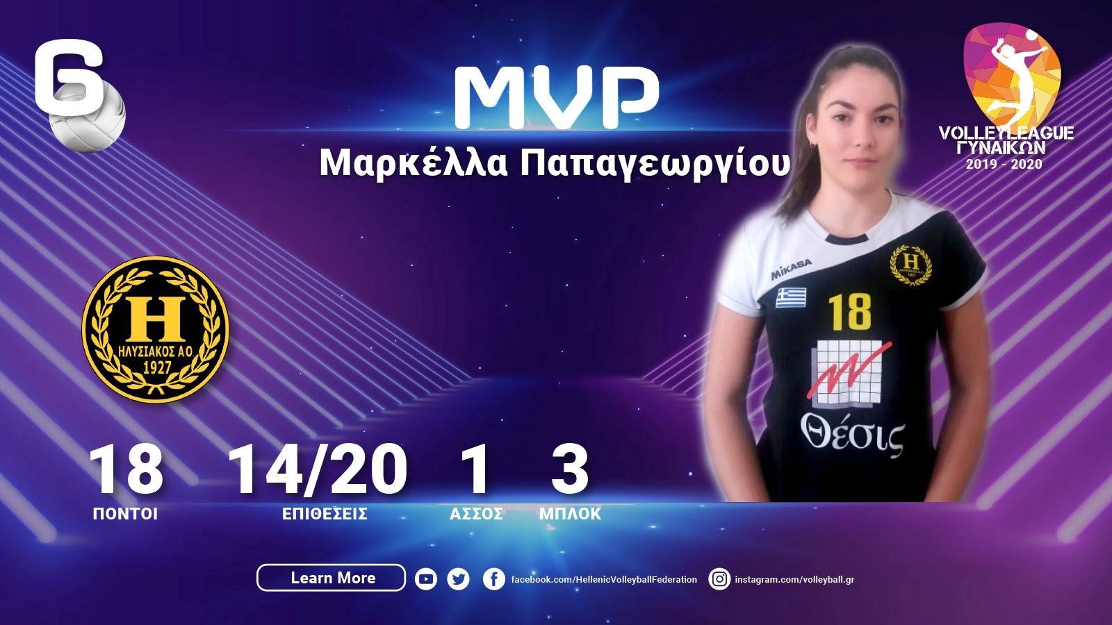 Η Σαμιώτισσα Μαρκέλλα Παπαγεωργίου MVP της 6ης αγωνιστικής της Volleyleague Γυναικών
